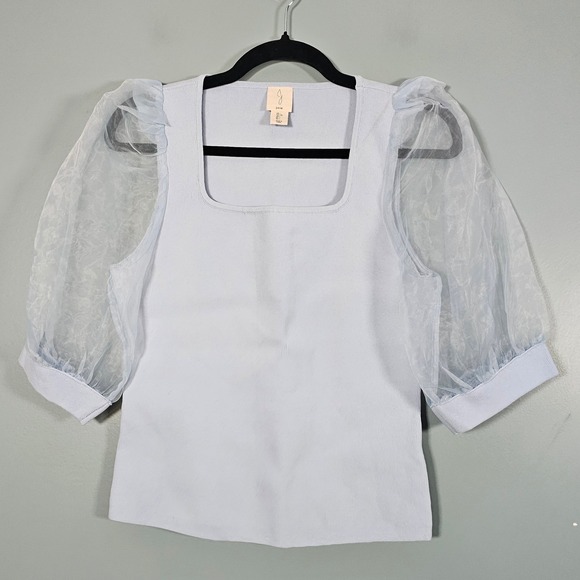 Joie Tops - NWOT Joie Light Blue Square Neck‎ Puff Sleeve Ribbed Knit Top Women's Size L